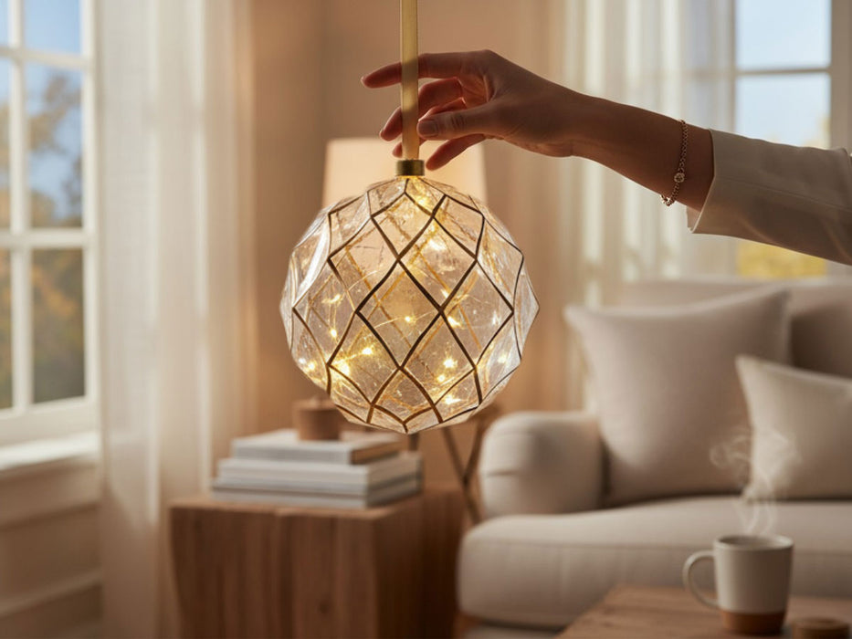 XL Deko Glas Lichtkugel 40LED 20cm Klar Gold Glaskugel Timer Batterie Anhängen