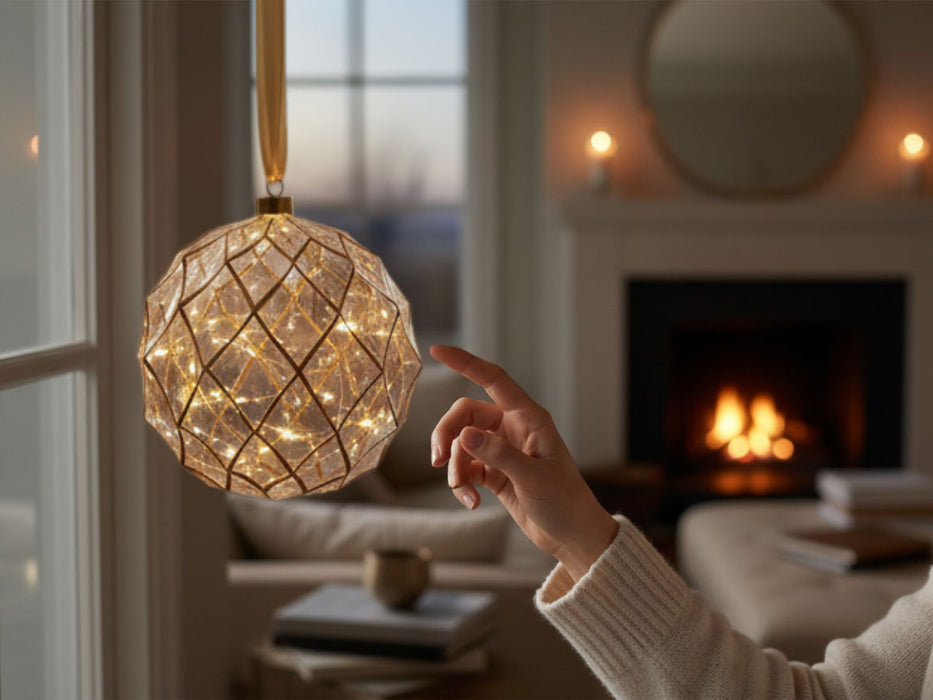 XL Deko Glas Lichtkugel 40LED 20cm Klar Gold Glaskugel Timer Batterie Anhängen