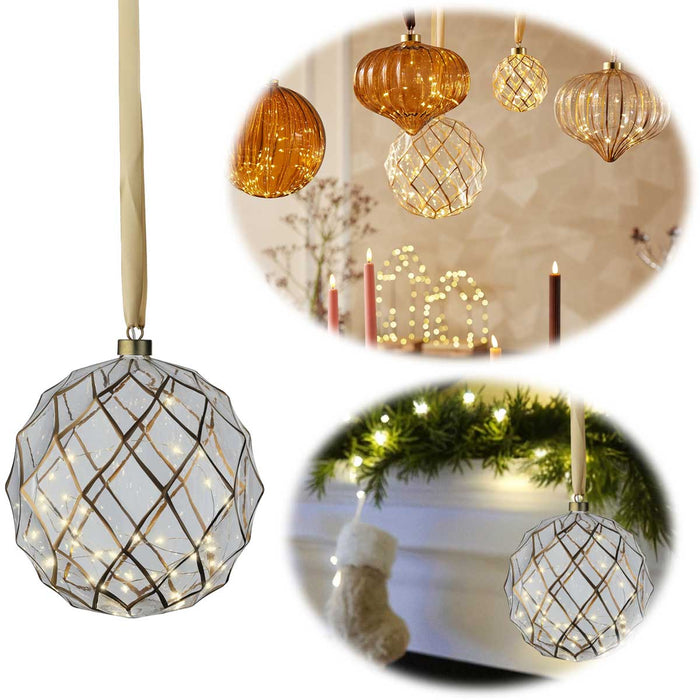 XL Deko Glas Lichtkugel 40LED 20cm Klar Gold Glaskugel Timer Batterie Anhängen