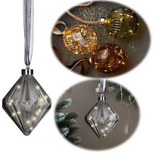 XL Deko Glas Lichtkugel 20LED 16cm Diamant Grau Glaskugel Timer Batterie Anhängen
