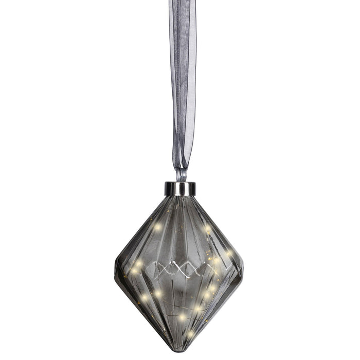 XL Deko Glas Lichtkugel 20LED 16cm Diamant Grau Glaskugel Timer Batterie Anhängen