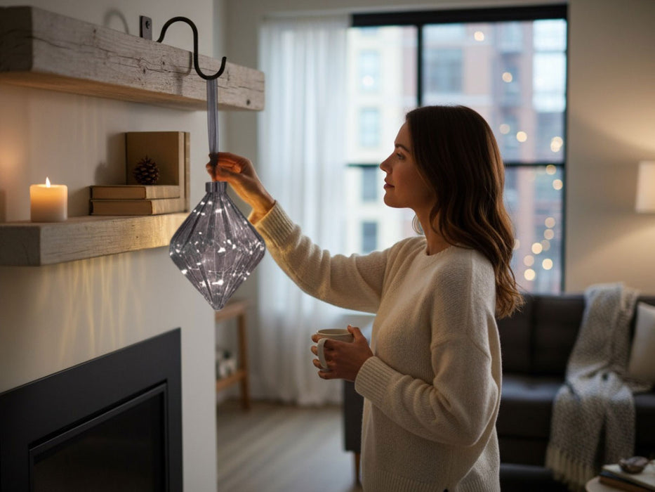 XL Deko Glas Lichtkugel 20LED 16cm Diamant Grau Glaskugel Timer Batterie Anhängen