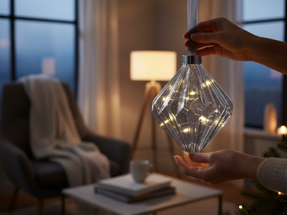 XL Deko Glas Lichtkugel 20LED 16cm Diamant Grau Glaskugel Timer Batterie Anhängen
