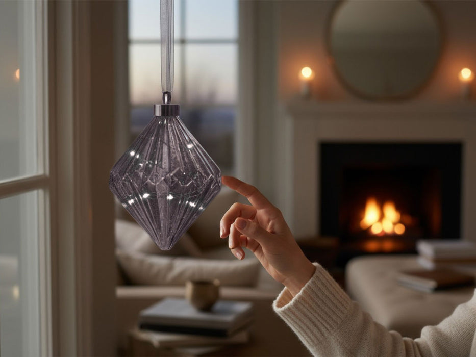 XL Deko Glas Lichtkugel 20LED 16cm Diamant Grau Glaskugel Timer Batterie Anhängen