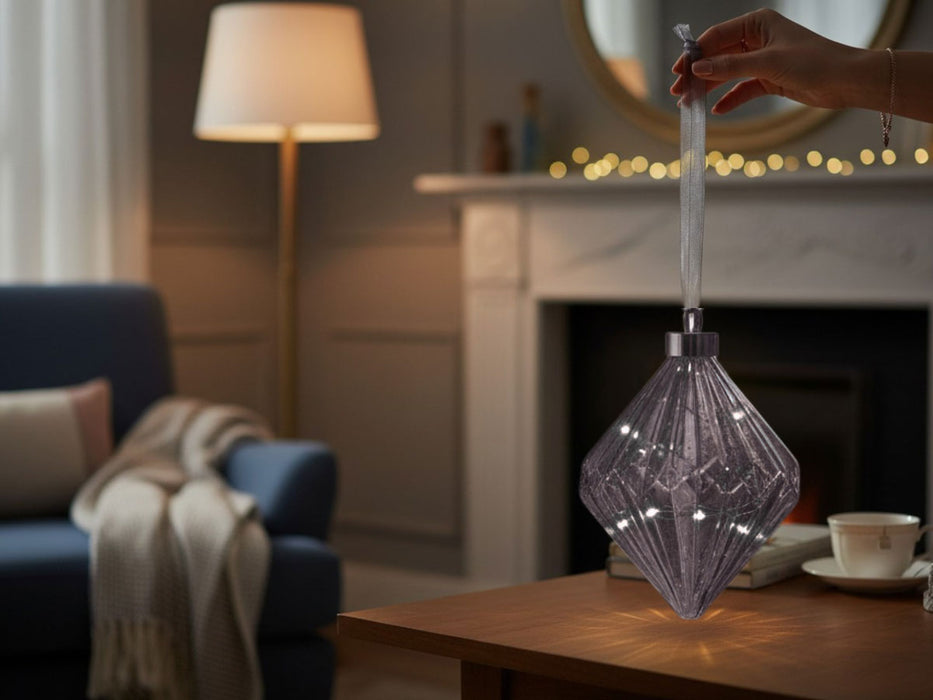 XL Deko Glas Lichtkugel 20LED 16cm Diamant Grau Glaskugel Timer Batterie Anhängen