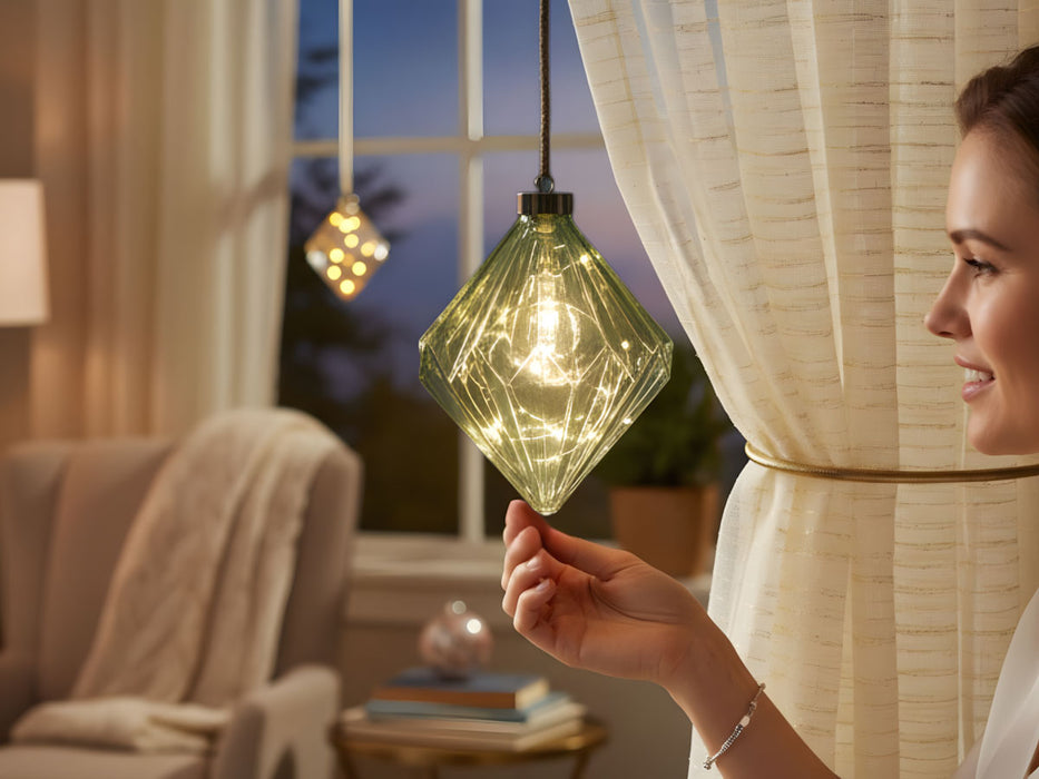 XL Deko Glas Lichtkugel 15LED 16cm Diamant Grün Glaskugel Timer Batterie Anhängen