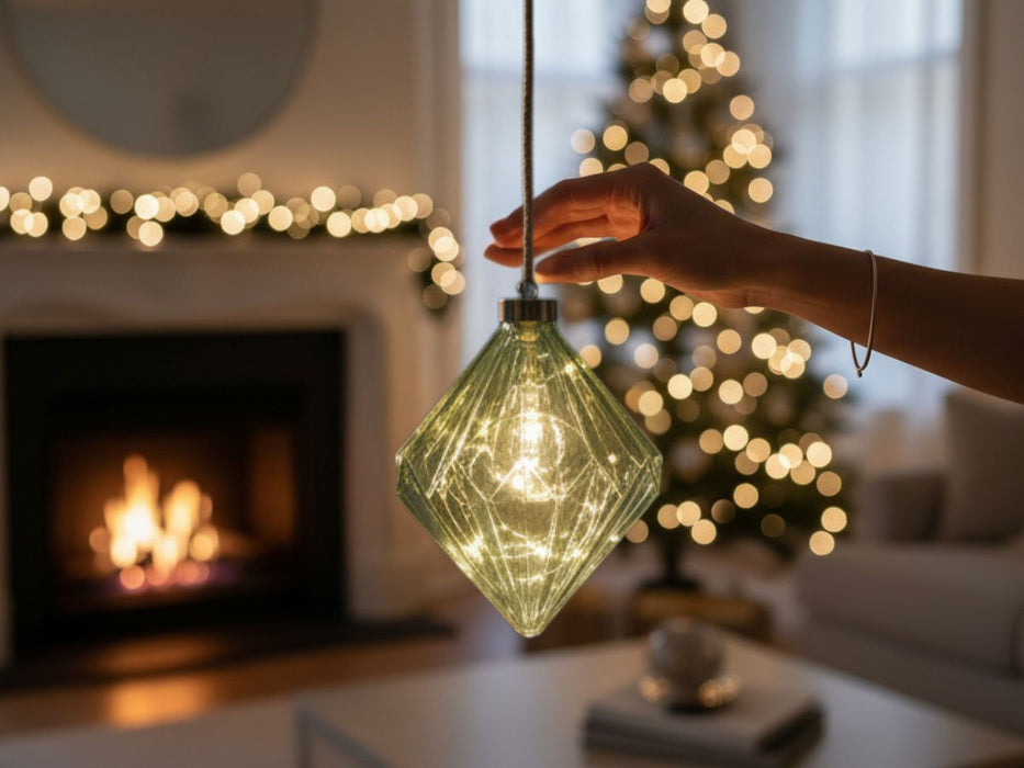 XL Deko Glas Lichtkugel 15LED 16cm Diamant Grün Glaskugel Timer Batterie Anhängen