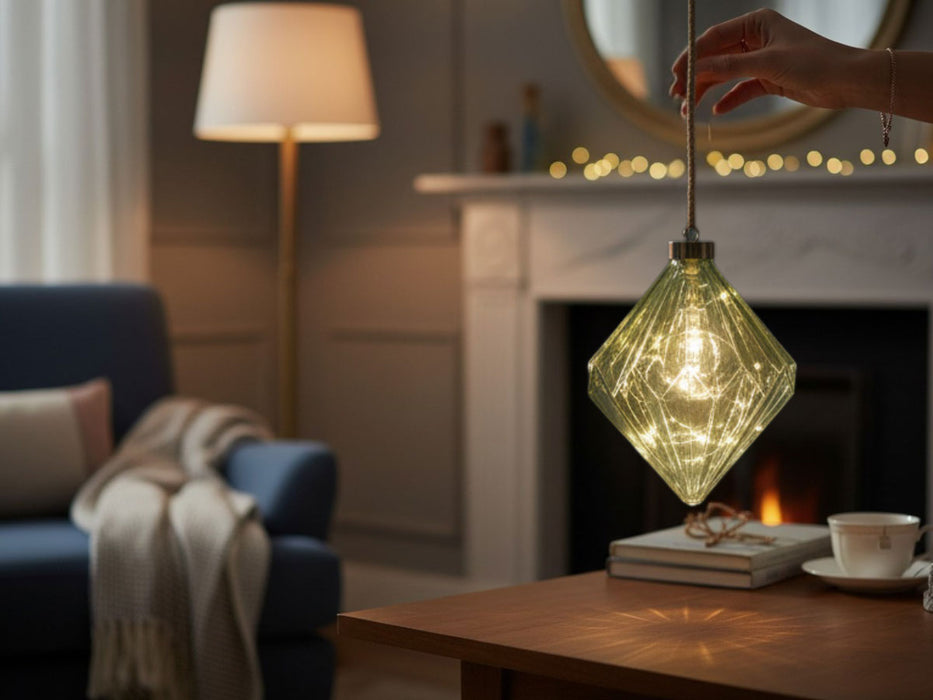 XL Deko Glas Lichtkugel 15LED 16cm Diamant Grün Glaskugel Timer Batterie Anhängen