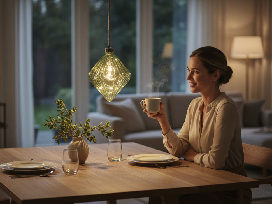 XL Deko Glas Lichtkugel 15LED 16cm Diamant Grün Glaskugel Timer Batterie Anhängen