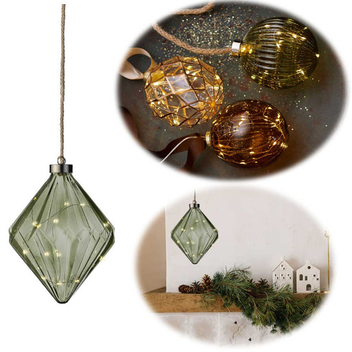 XL Deko Glas Lichtkugel 15LED 16cm Diamant Grün Glaskugel Timer Batterie Anhängen