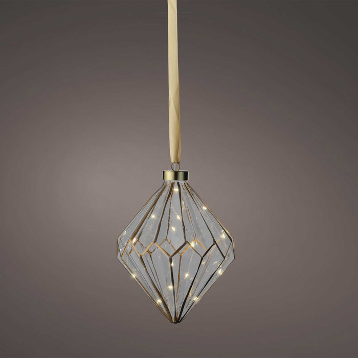 XL Deko Glas Lichtkugel 15 LED 16cm Diamant Klar Gold Timer Batterie Gold zum Anhängen