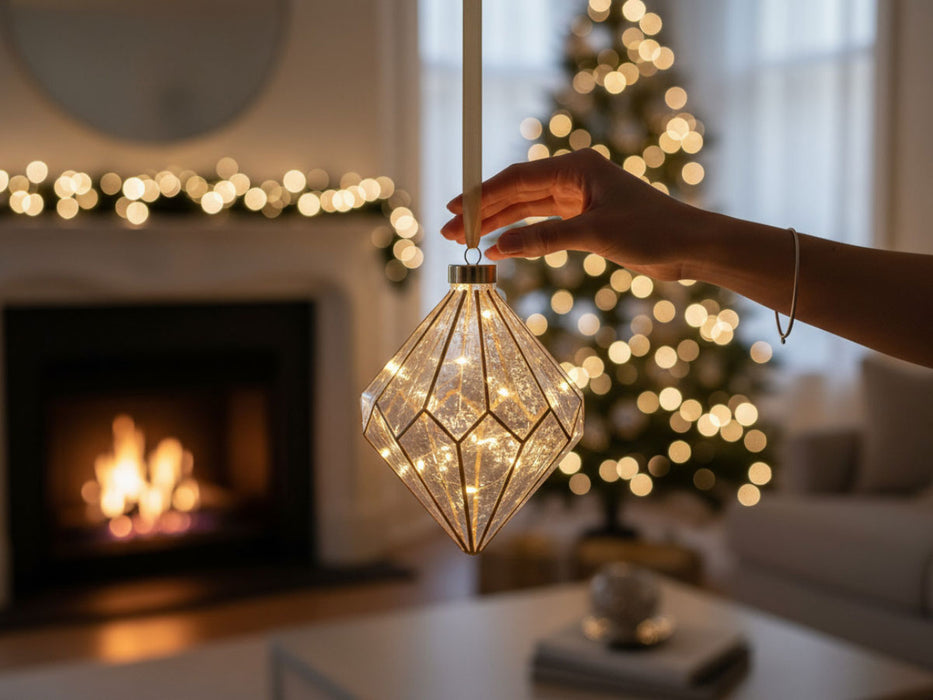 XL Deko Glas Lichtkugel 15 LED 16cm Diamant Klar Gold Timer Batterie Gold zum Anhängen