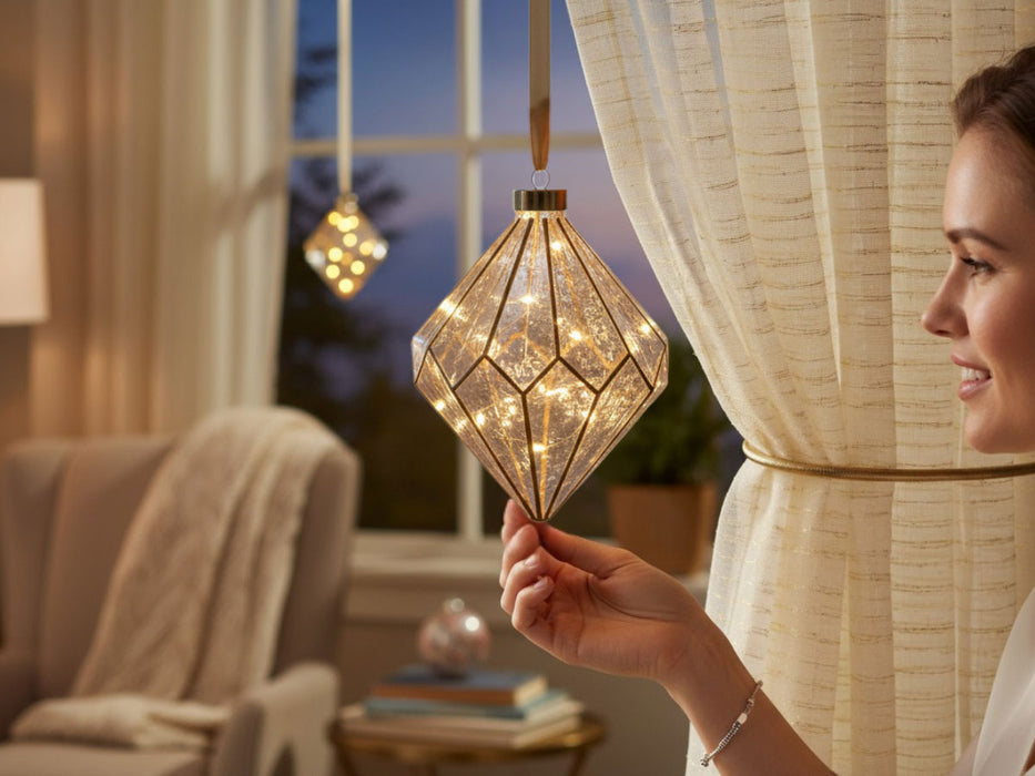 XL Deko Glas Lichtkugel 15 LED 16cm Diamant Klar Gold Timer Batterie Gold zum Anhängen