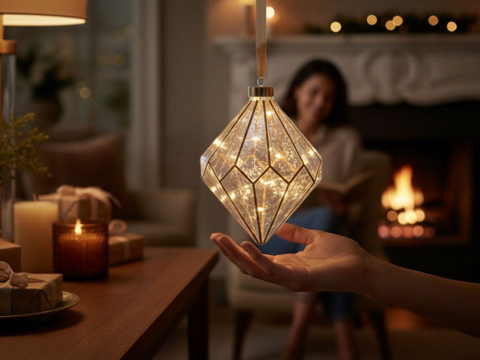 XL Deko Glas Lichtkugel 15 LED 16cm Diamant Klar Gold Timer Batterie Gold zum Anhängen