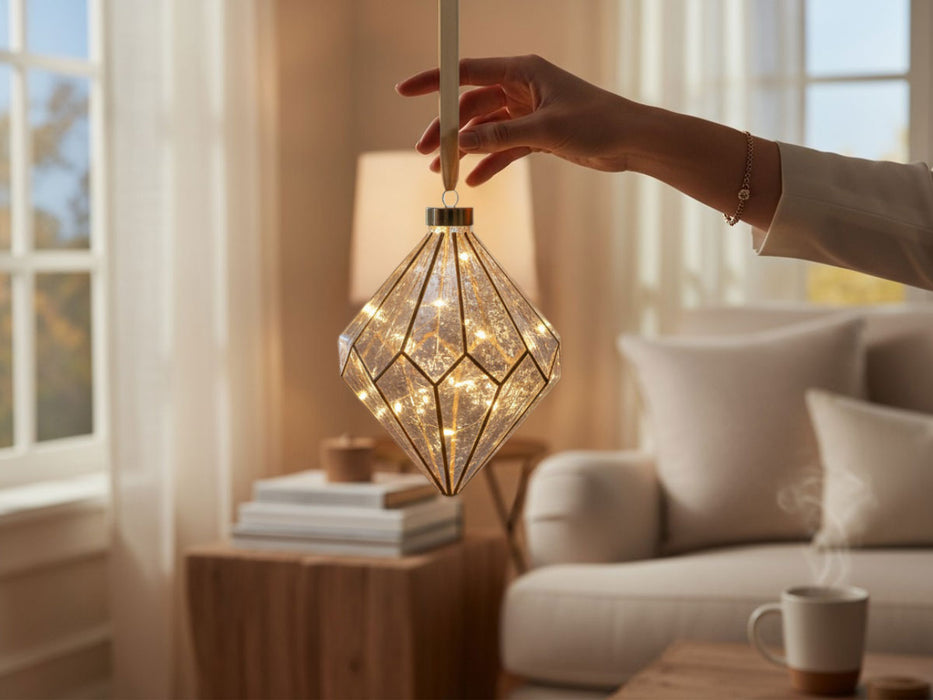 XL Deko Glas Lichtkugel 15 LED 16cm Diamant Klar Gold Timer Batterie Gold zum Anhängen