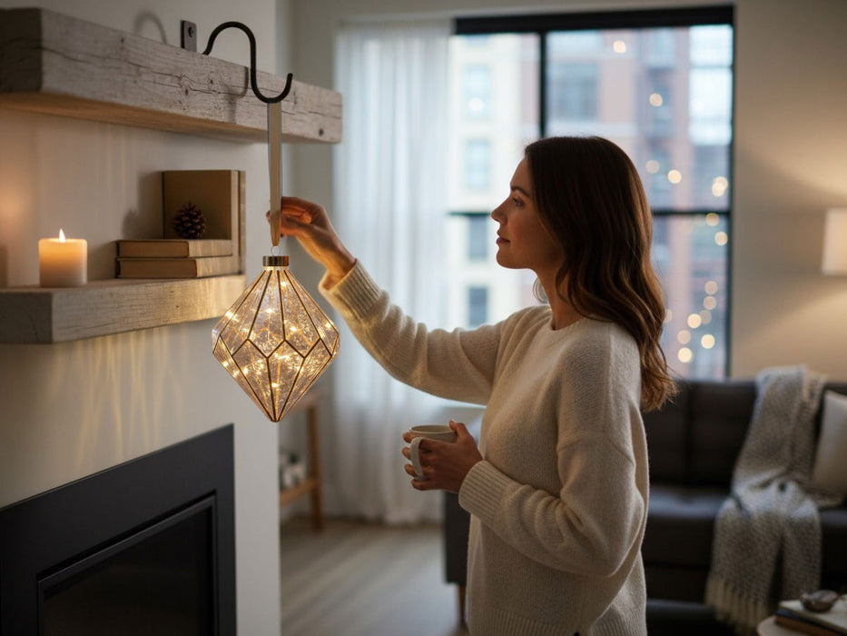 XL Deko Glas Lichtkugel 15 LED 16cm Diamant Klar Gold Timer Batterie Gold zum Anhängen