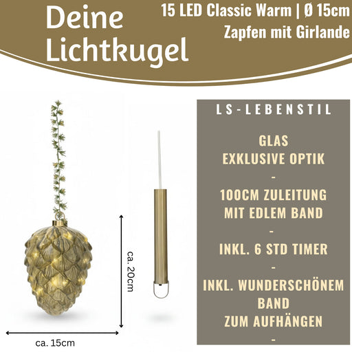 KI-generiertes Bild,XL Deko Glas Licht-Kugel Zapfen 15 LED 20cm Timer Batterie-Fach Gold zum Anhängen
