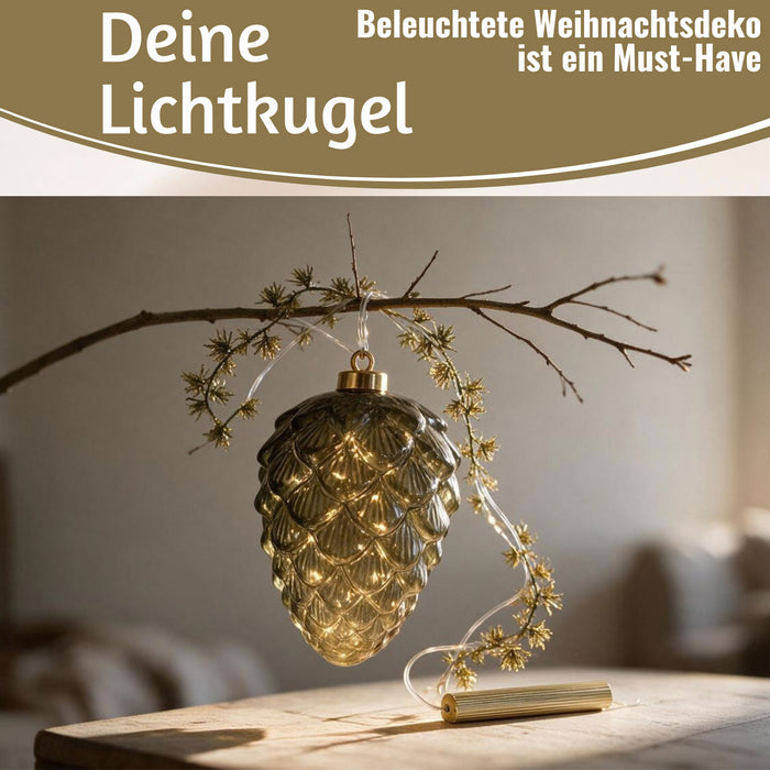 KI-generiertes Bild,XL Deko Glas Licht-Kugel Zapfen 15 LED 20cm Timer Batterie-Fach Gold zum Anhängen