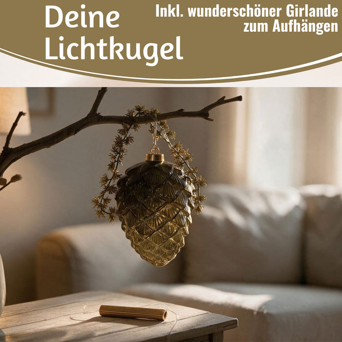 KI-generiertes Bild,XL Deko Glas Licht-Kugel Zapfen 15 LED 20cm Timer Batterie-Fach Gold zum Anhängen