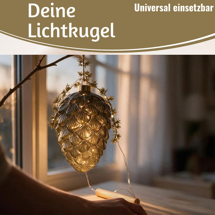 KI-generiertes Bild,XL Deko Glas Licht-Kugel Zapfen 15 LED 20cm Timer Batterie-Fach Gold zum Anhängen