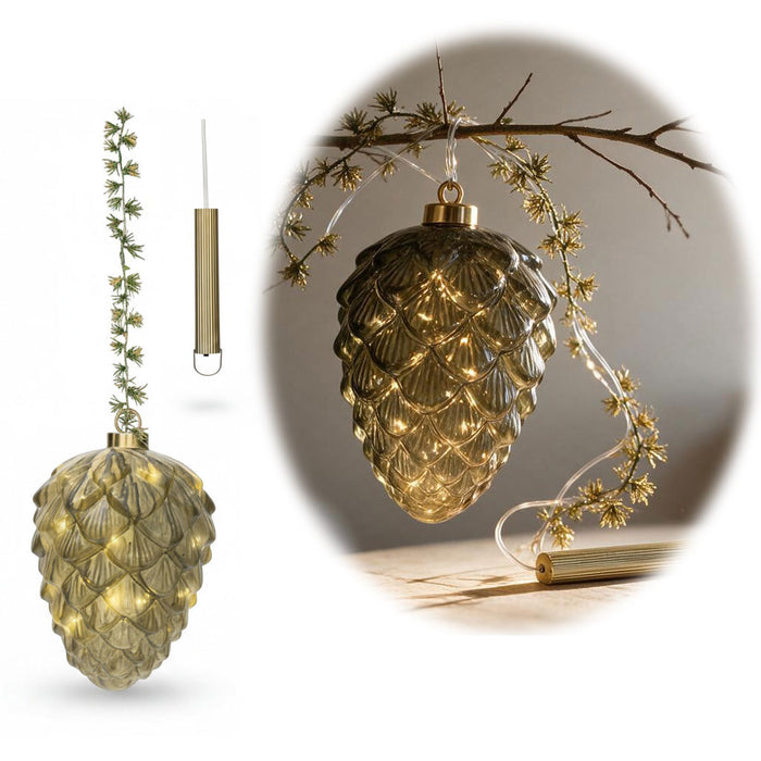 KI-generiertes Bild XL Deko Glas Lichtkugel Zapfen 15 LED 20cm Timer Batteriefach Gold zum Anhängen