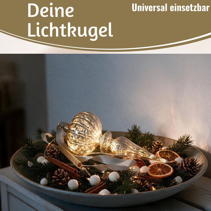 KI-generiertes Bild,XL Deko Glas Lichtkugel 10 LED 27cm Zapfen Silber Glaskugel Timer Batterie Anhängen