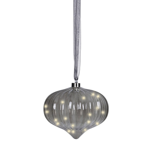 XL Deko Glas Lichtkugel 20 LED 20cm Zwiebel Grau Timer Batterie Band zum Anhängen