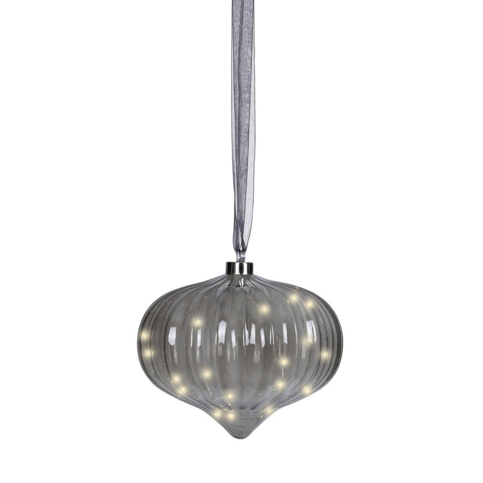 XL Deko Glas Lichtkugel 20 LED 20cm Zwiebel Grau Timer Batterie Band zum Anhängen