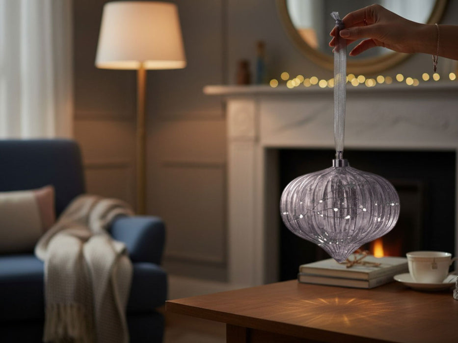 XL Deko Glas Lichtkugel 20 LED 20cm Zwiebel Grau Timer Batterie Band zum Anhängen