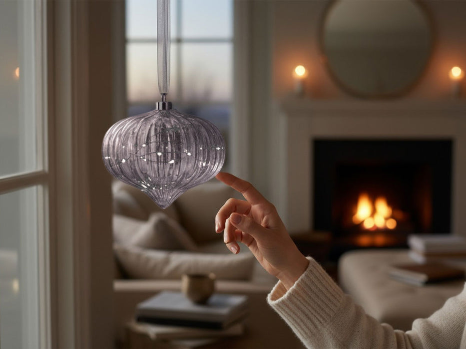 XL Deko Glas Lichtkugel 20 LED 20cm Zwiebel Grau Timer Batterie Band zum Anhängen