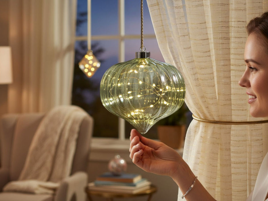 XL Deko Glas Lichtkugel 15 LED 20cm Zwiebel Grün Timer Batterie Band zum Anhängen