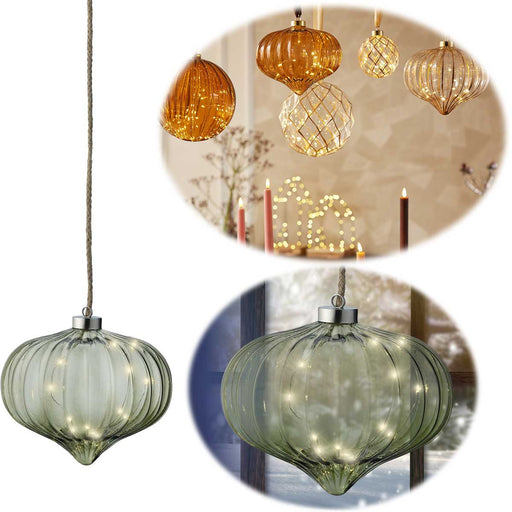 XL Deko Glas Lichtkugel 15 LED 20cm Zwiebel Grün Timer Batterie Band zum Anhängen