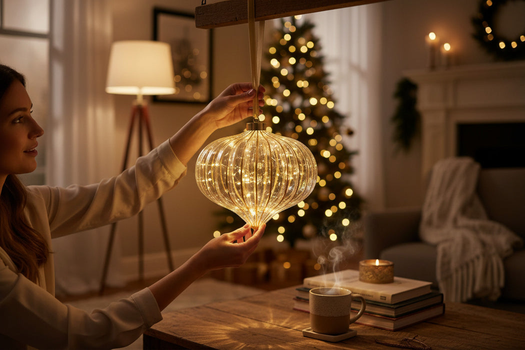 KI-generiertes Bild,XL Deko Glas Lichtkugel 15 LED 20cm Zwiebel Klar Gold Timer Batterie Band zum Anhängen