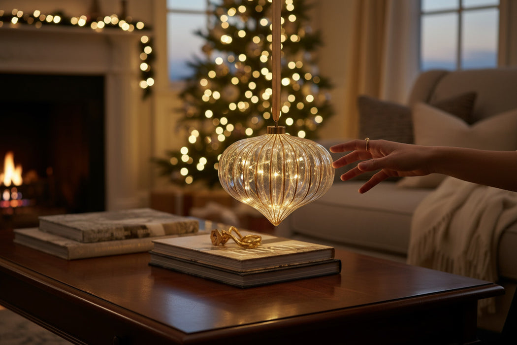 KI-generiertes Bild,XL Deko Glas Lichtkugel 15 LED 20cm Zwiebel Klar Gold Timer Batterie Band zum Anhängen