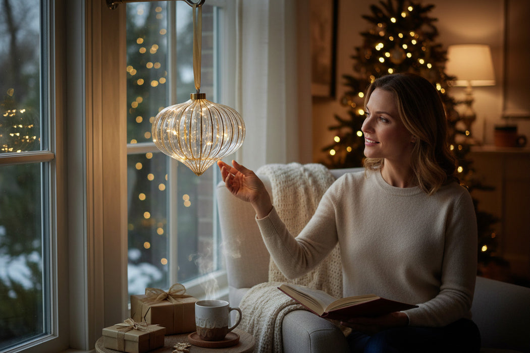 XL Deko Glas Lichtkugel 15 LED 20cm Zwiebel Klar Gold Timer Batterie Band zum Anhängen