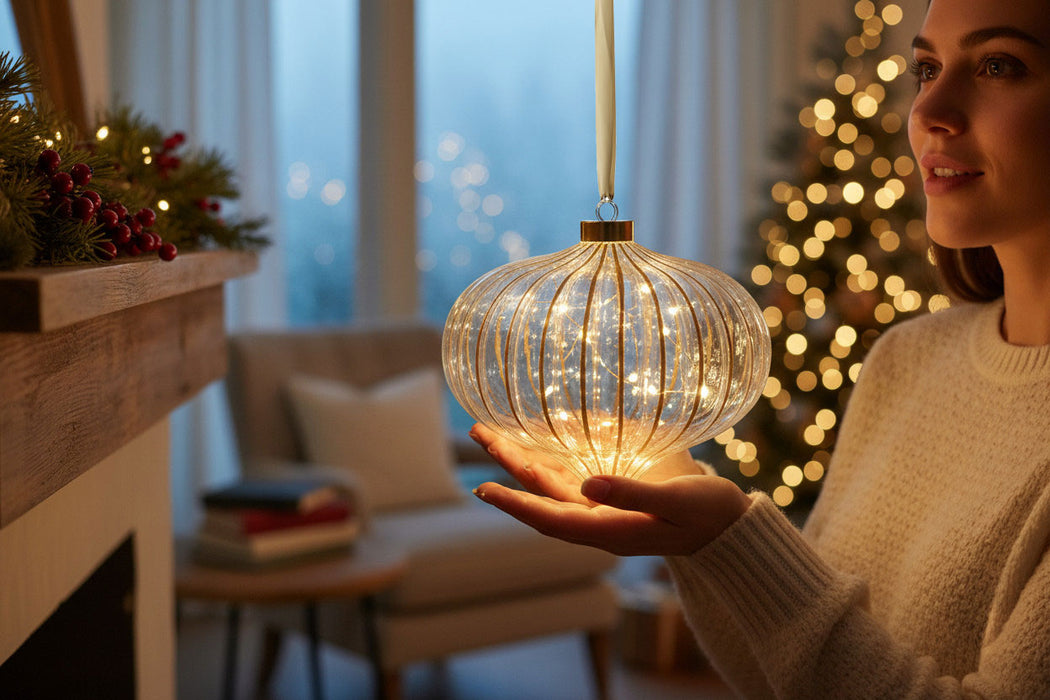 XL Deko Glas Lichtkugel 15 LED 20cm Zwiebel Klar Gold Timer Batterie Band zum Anhängen