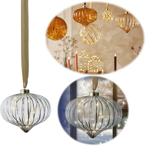 XL Deko Glas Lichtkugel 15 LED 20cm Zwiebel Klar Gold Timer Batterie Band zum Anhängen