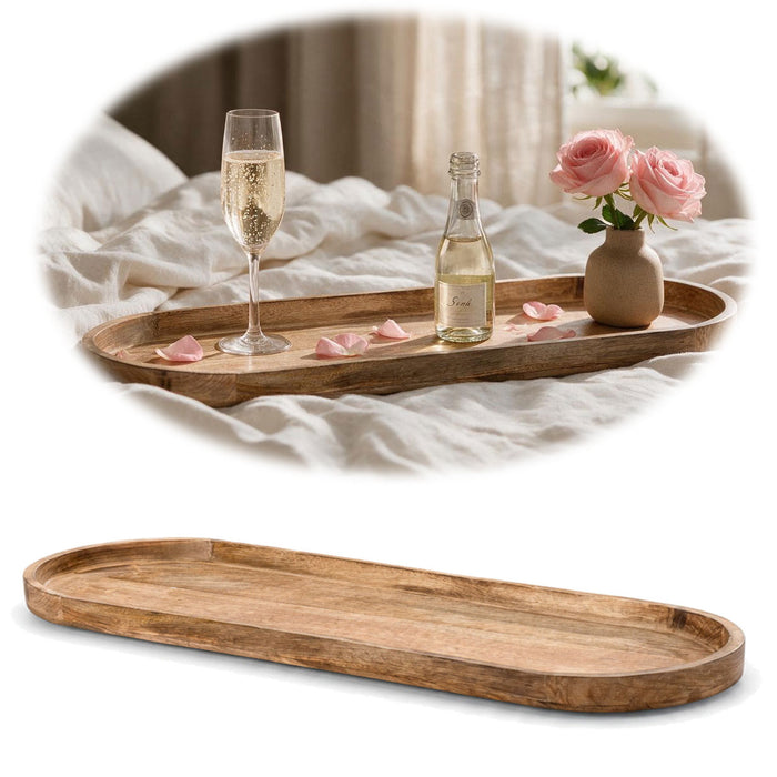 KI-generiertes Bild XXL Deko-Tablett Mango-Holz Braun 81cm groß Serviertablett Obst-Schale Brot