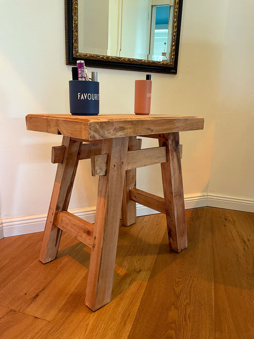 XL Vintage Holzhocker Teak Holz 50cm Hocker Sitzhocker Beistelltisch Barhocker