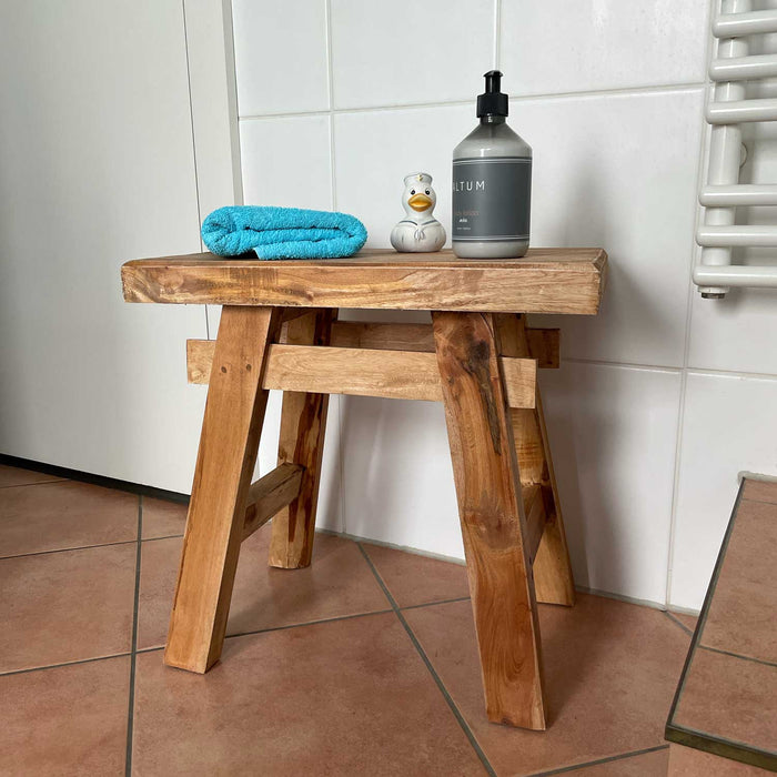 XL Vintage Holzhocker Teak Holz 50cm Hocker Sitzhocker Beistelltisch Barhocker
