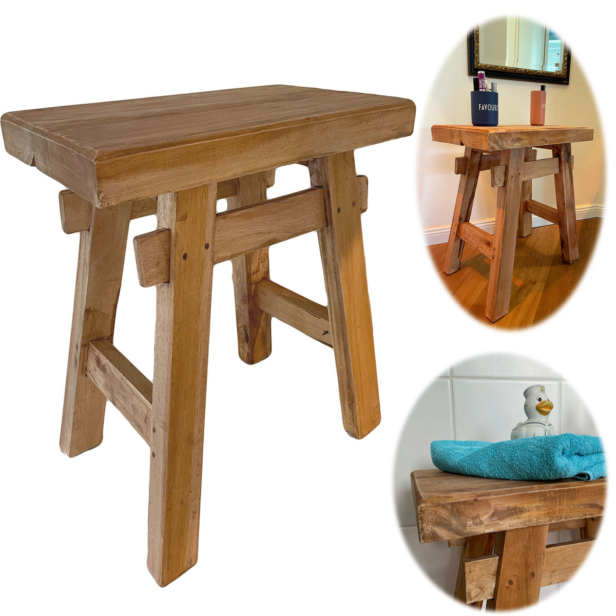 XL Vintage Holzhocker Teak Holz 50cm Hocker Sitzhocker Beistelltisch B — LS-LebenStil