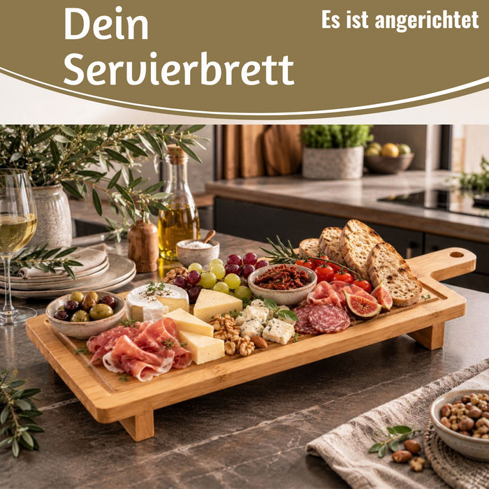 KI-generiertes Bild,XL Holz Schneidebrett 50cm auf Füßen Bambus Saftrille Serviertablett Vesperbrett