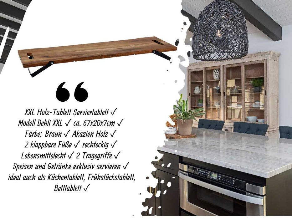 XXL Akazie Serviertablett 67cm klappbar Holz Tablett Tabletttisch Frühstückstablett