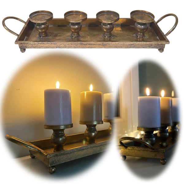 Kerzenschale Eisen 59cm Gold Stumpenkerze Kerzenständer Kerzenleiste