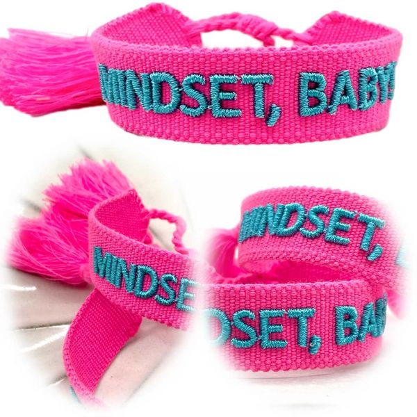 Canvas Statement Armband Mindset Baby Pink Türkis besticktes Webarmband