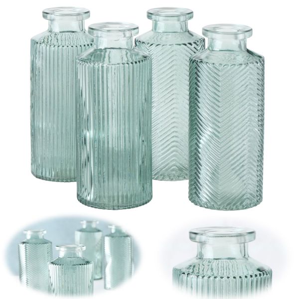 4x Retro Glas-Vase 14cm Salbei-Grün Set Deko Tisch-Vase Blumenvase Väschen
