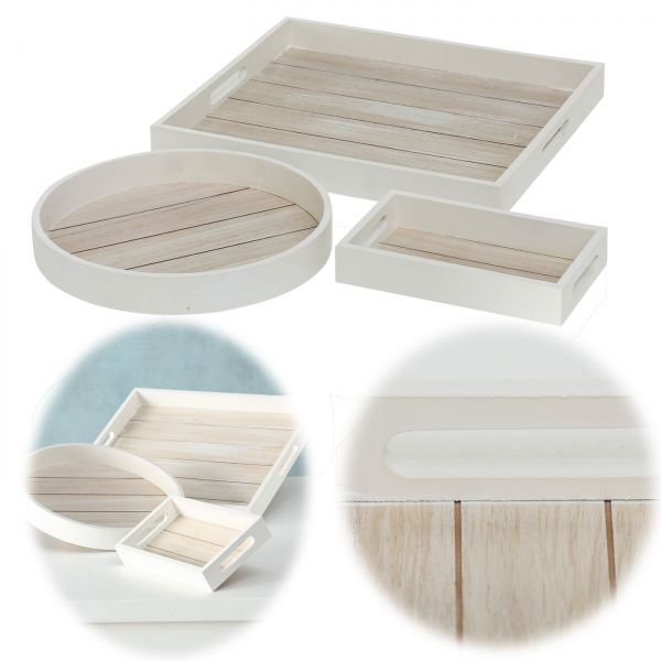3-fach Holz Deko-Tablett Tönning Weiß Braun Set Serviertablett Kerzen-Schale