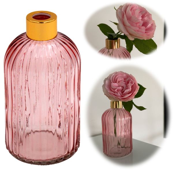 Retro Glas-Vase 14cm Rosa Gold Colour Deko Tisch-Vase Blumenvase Väschen