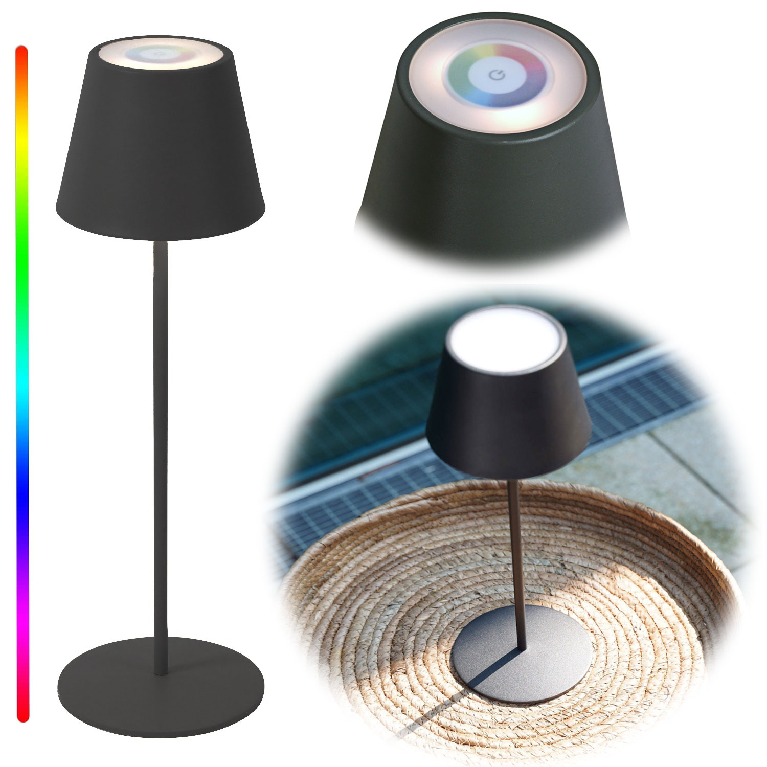 LED Touch RGB Tischlampe Ribe Schwarz 38cm kabellos Tischleuchte Dimmer  Outdoor | LS-LebenStil