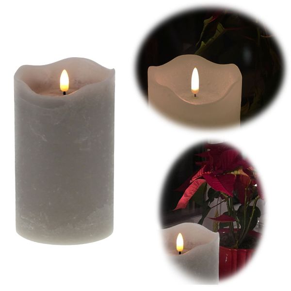 LED 3D Stumpenkerze Grau 15cm Echtwachs flackernde flammenlose Kerze